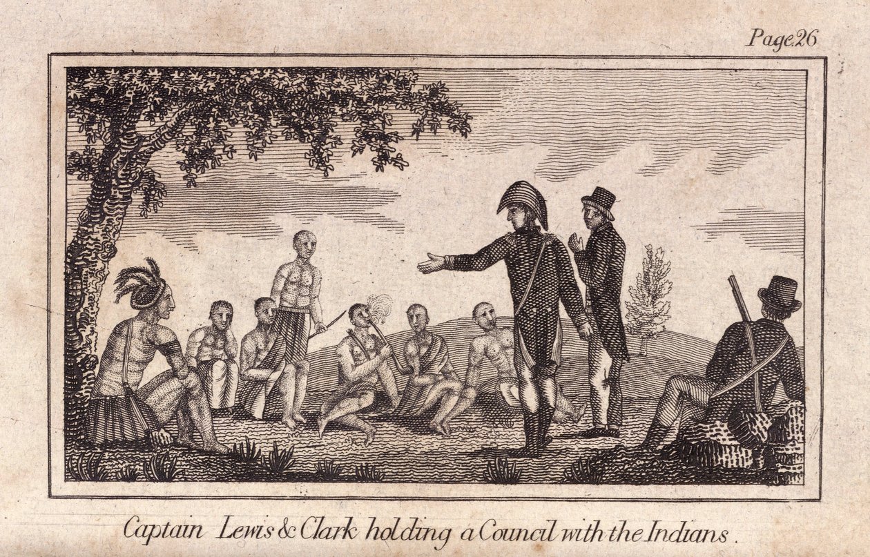 El capitán Lewis y Clarke celebrando un consejo con los indios, pub. 1812 (grabado) de American School