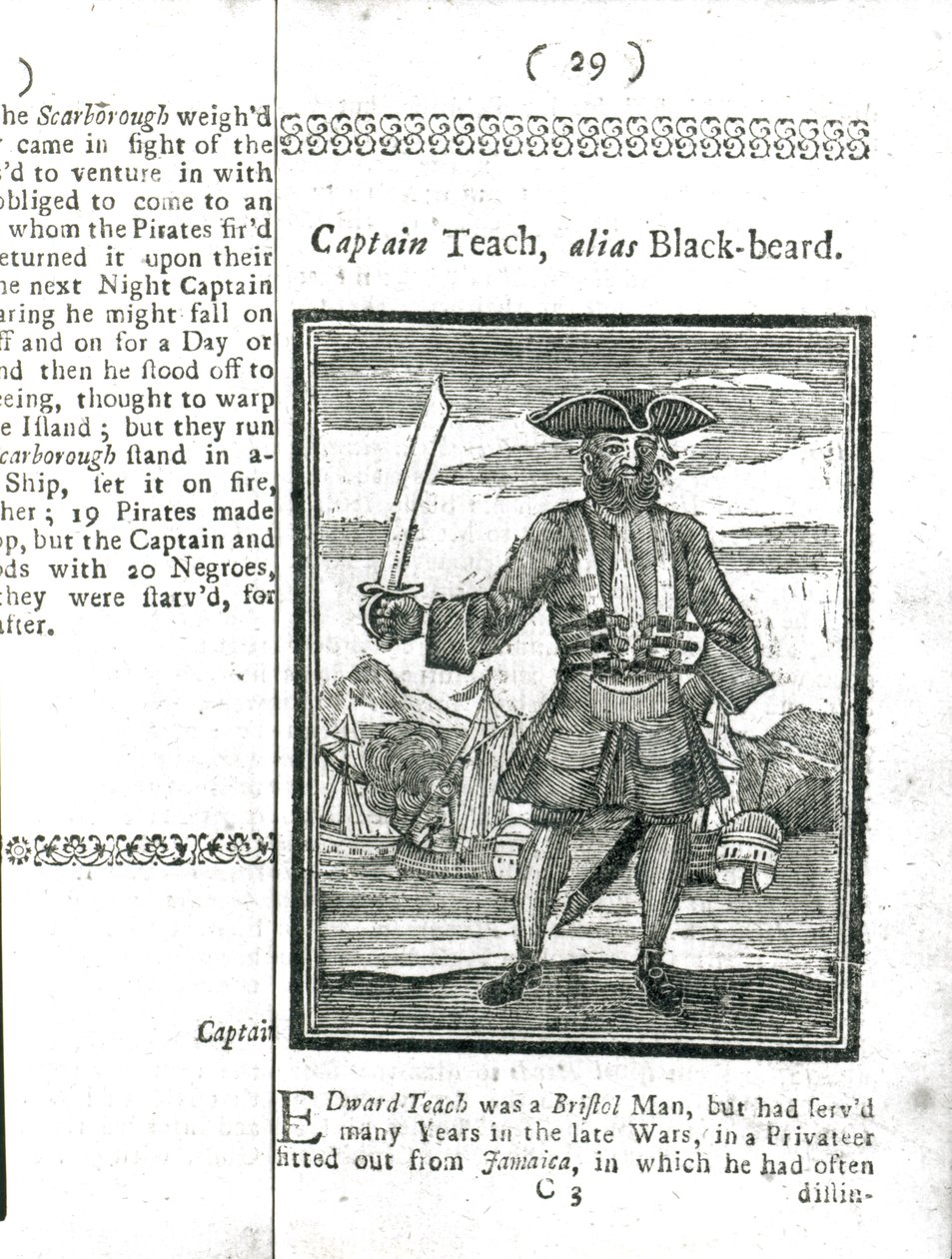 Capitán Teach, alias Barbanegra, de Historia y vidas de todos los piratas más notorios y sus tripulaciones, Londres, 1725 de American School