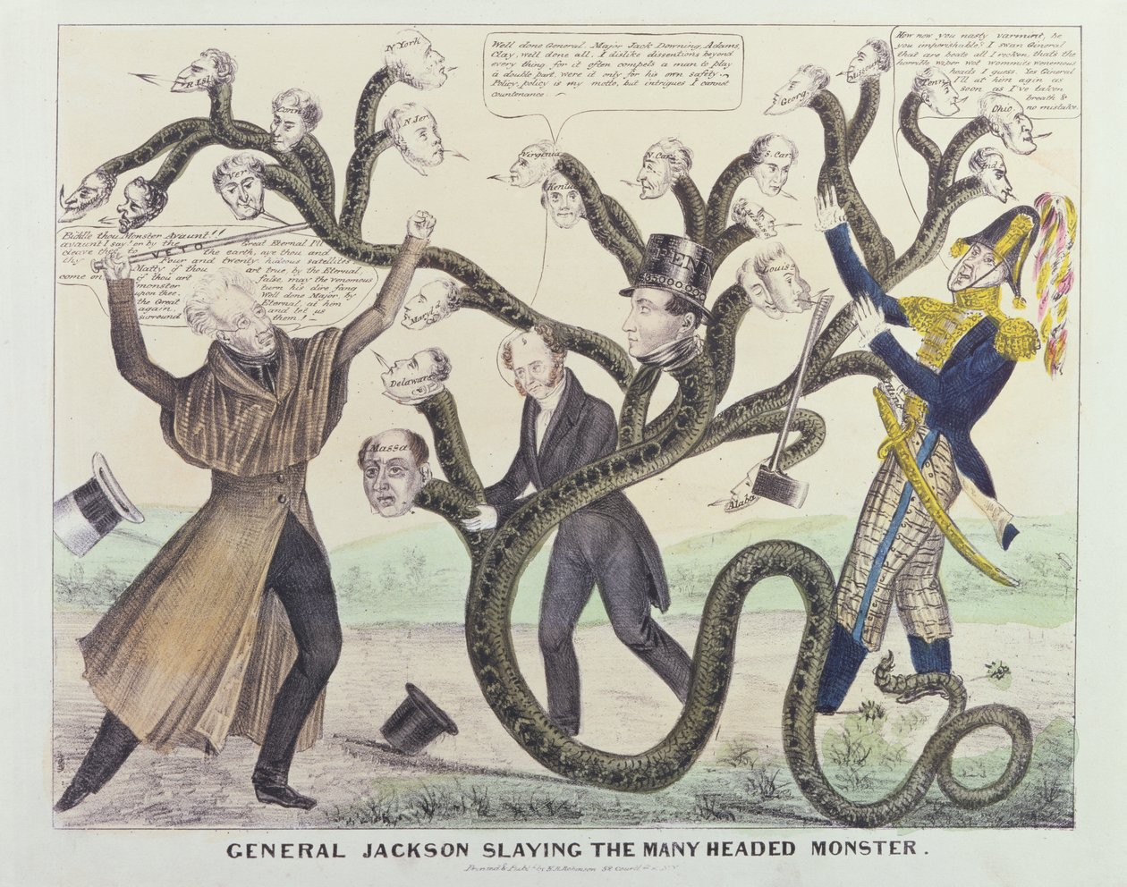 Caricatura del General Jackson (1767-1845) matando al monstruo de muchas cabezas, publicada por H.R. Robinson, c.1836 (tinta y pluma, lápiz y acuarela sobre papel) de American School