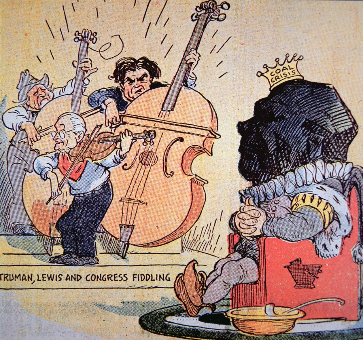 Caricatura de Harry S. Truman con John Llewellyn Lewis y el Congreso tocando el violín de American School