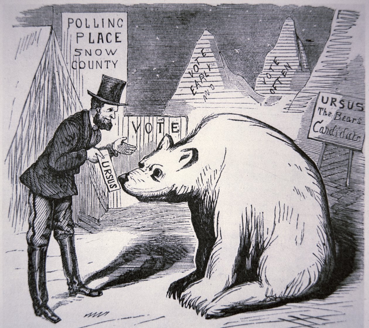 Caricatura que muestra a un político americano tratando de encontrar votantes en Alaska deshabitada de American School