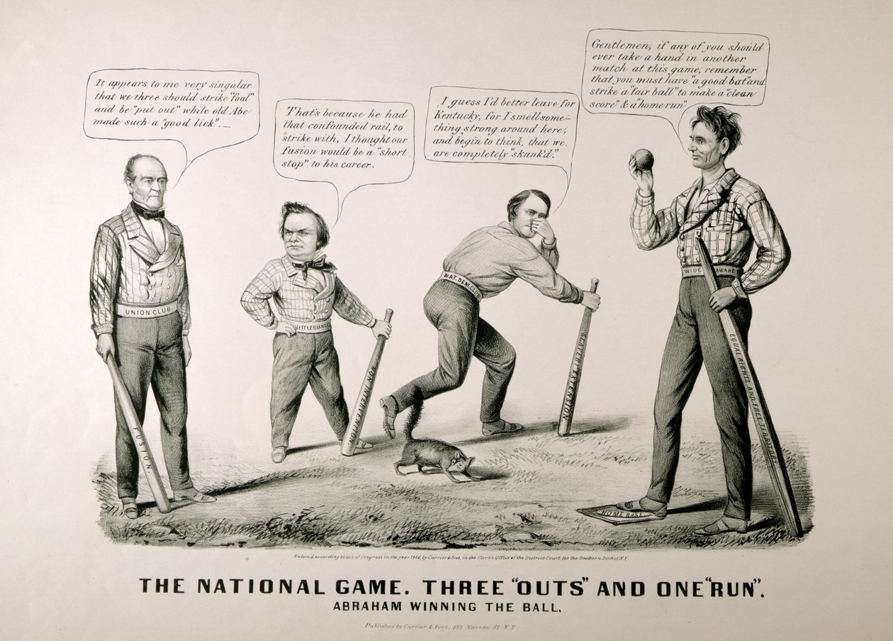 Caricatura mostrando a Abraham Lincoln (1809-65) ganando el balón contra sus oponentes Douglas, Bell y Breckenridge en la Elección Presidencial de 1860, 1860 de American School