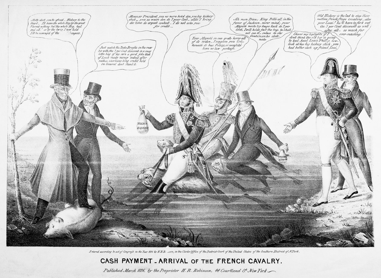 Pago en efectivo - Llegada de la caballería francesa, publicado por H.R. Robinson, Nueva York, 1836 de American School