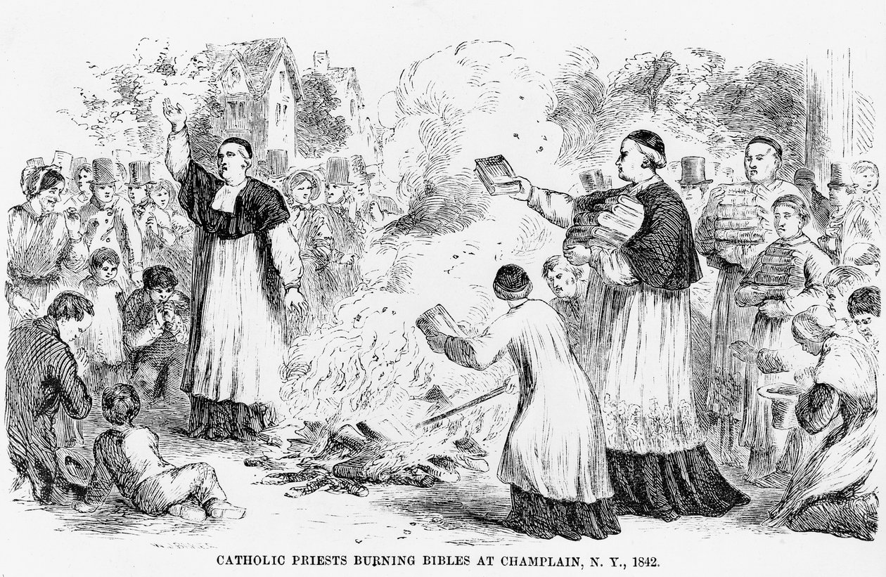 Sacerdotes Católicos Quemando Biblias en Champlain, Nueva York, ilustración de un folleto Anti-Católico, 1842 de American School