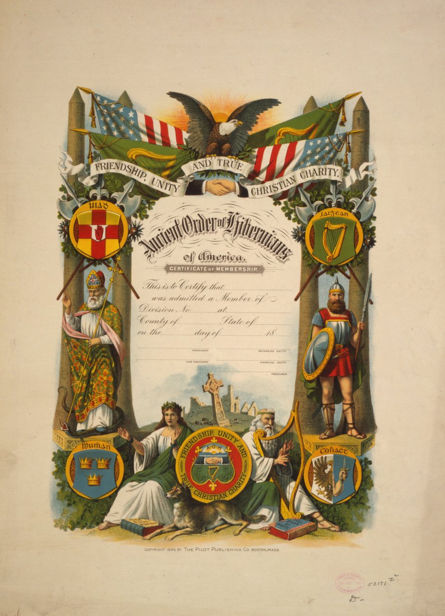 Certificado de membresía en la Antigua Orden de Hibernianos de América, c.1894 de American School