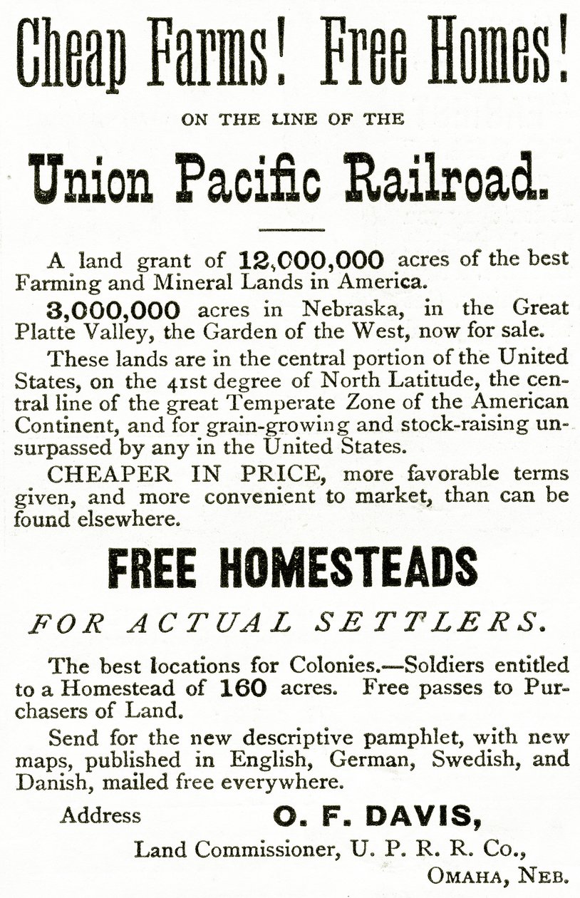 Granjas Baratas y Hogares Gratis en la línea del Ferrocarril Union Pacific, anuncio de Appletons Journal, 4 de mayo de 1872 de American School