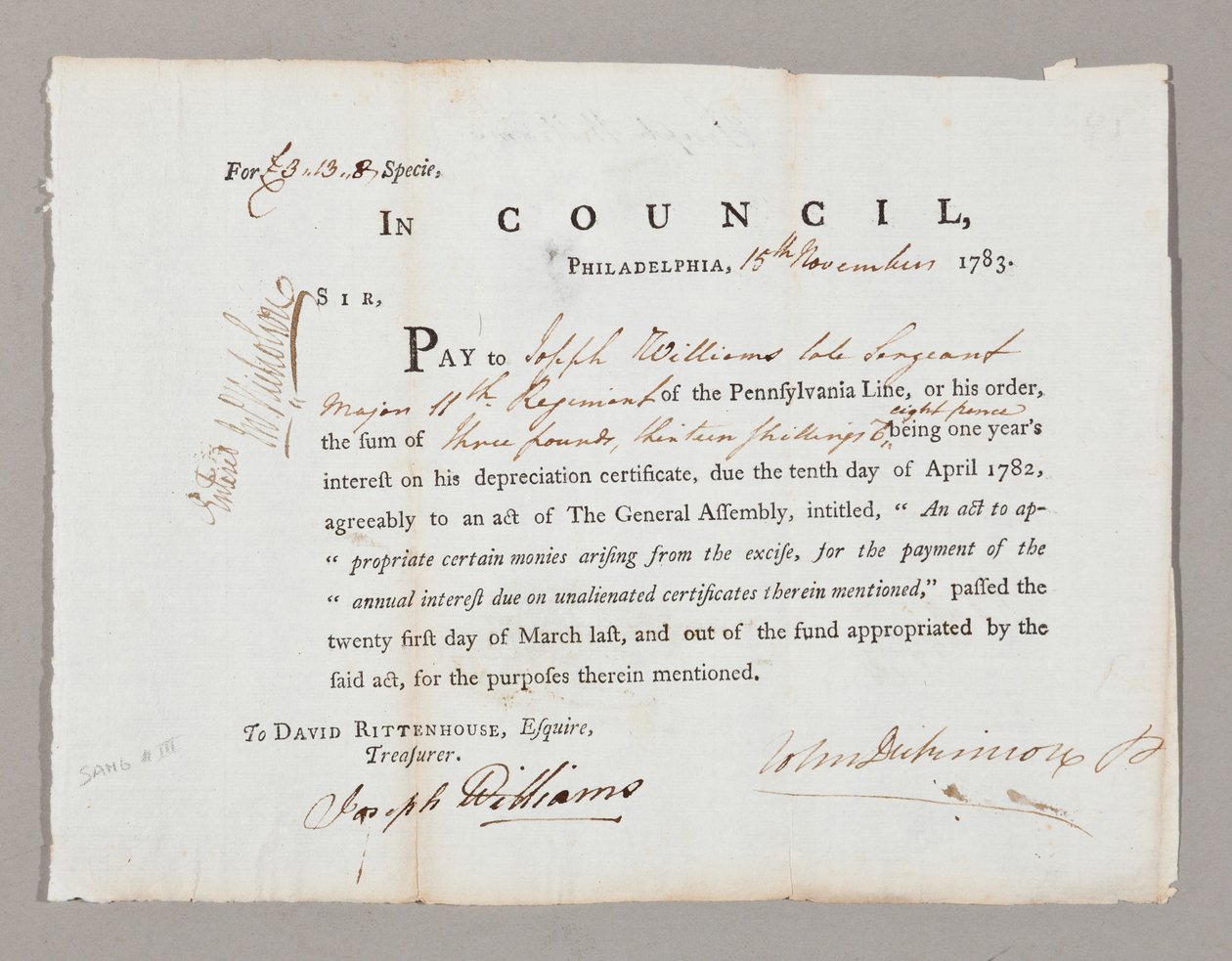 Cheque por tres libras y trece chelines a Joseph Williams, 13 de noviembre de 1783 de American School