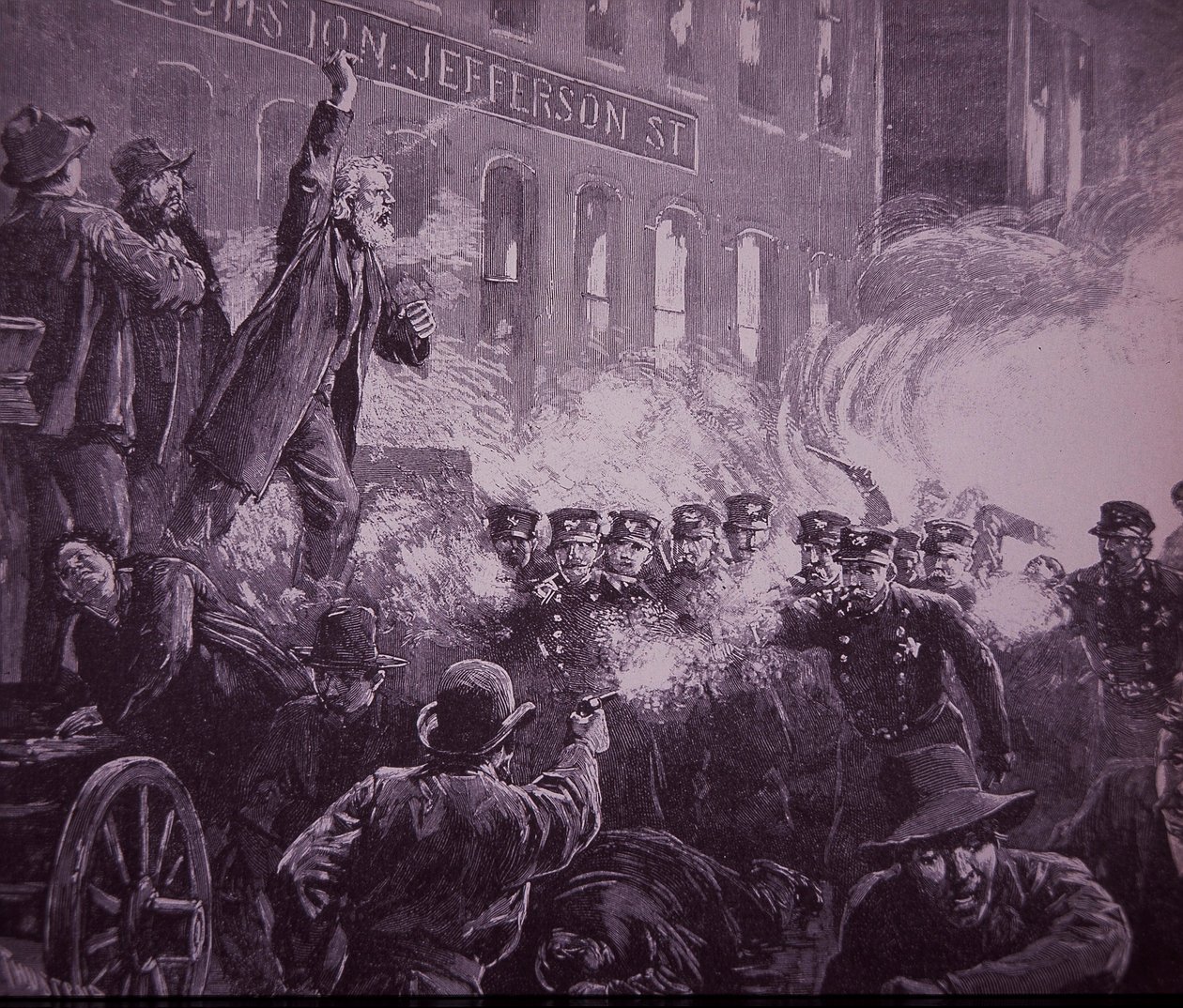Motín laboral de Haymarket en Chicago de 1886, grabado publicado en Harper