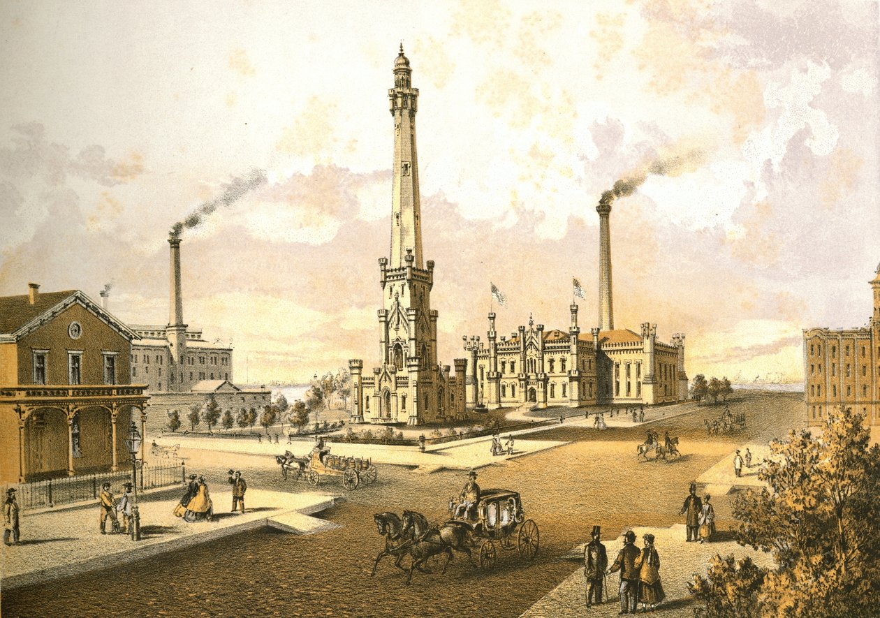 Chicago Water Works, de Chicago Illustrated, con descripciones literarias de James W. Sheahan, publicado por Jevne & Almini, Chicago, 1866-67 de American School