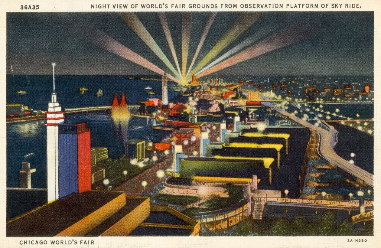 Feria Mundial de Chicago, vista nocturna desde la plataforma de observación de Sky Ridge (litografía en color) de American School