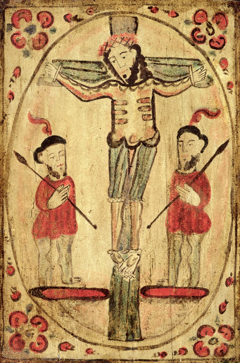 Cristo en la cruz y dos figuras de American School