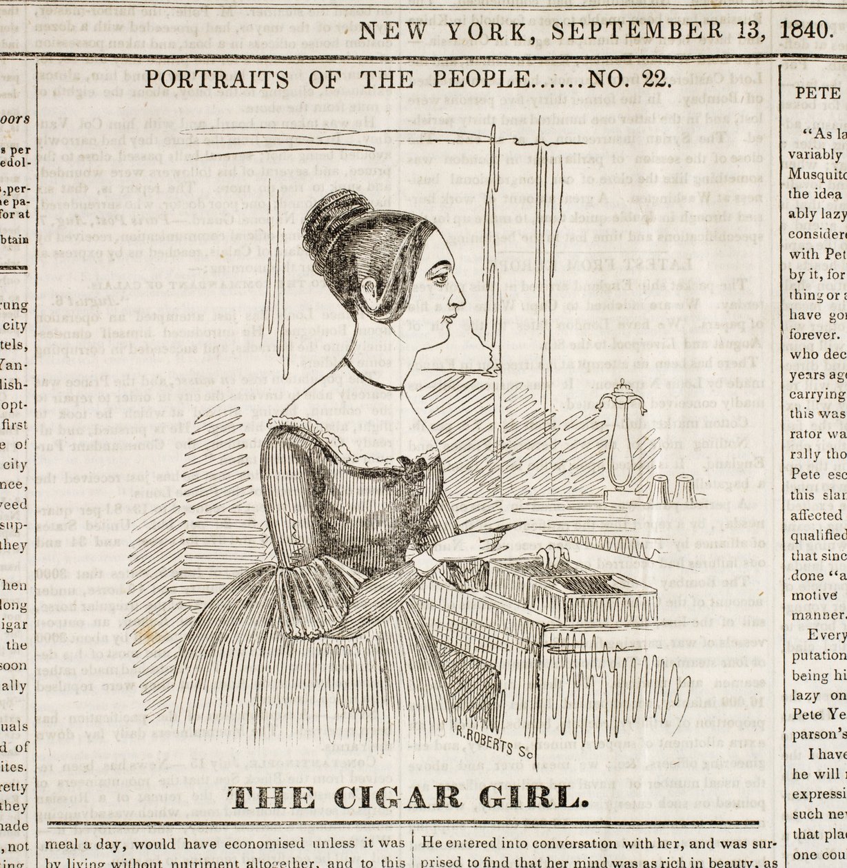 Chica del cigarro, portada del "New York Sunday Atlas", 13 de septiembre de 1840 de American School