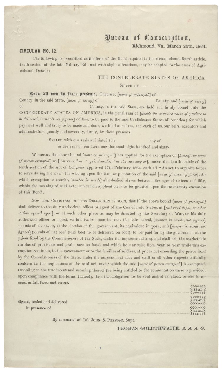 Circular no. 12, una solicitud en blanco para la exención del servicio en el Ejército Confederado, 24 de marzo de 1864 de American School