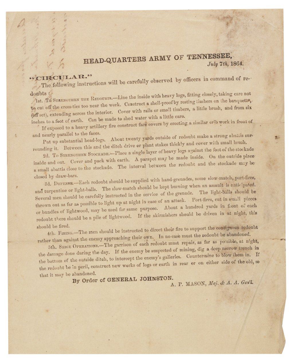 Circular sobre la construcción y fortificación de reductos utilizados por el Ejército de Tennessee, 7 de julio de 1864 de American School