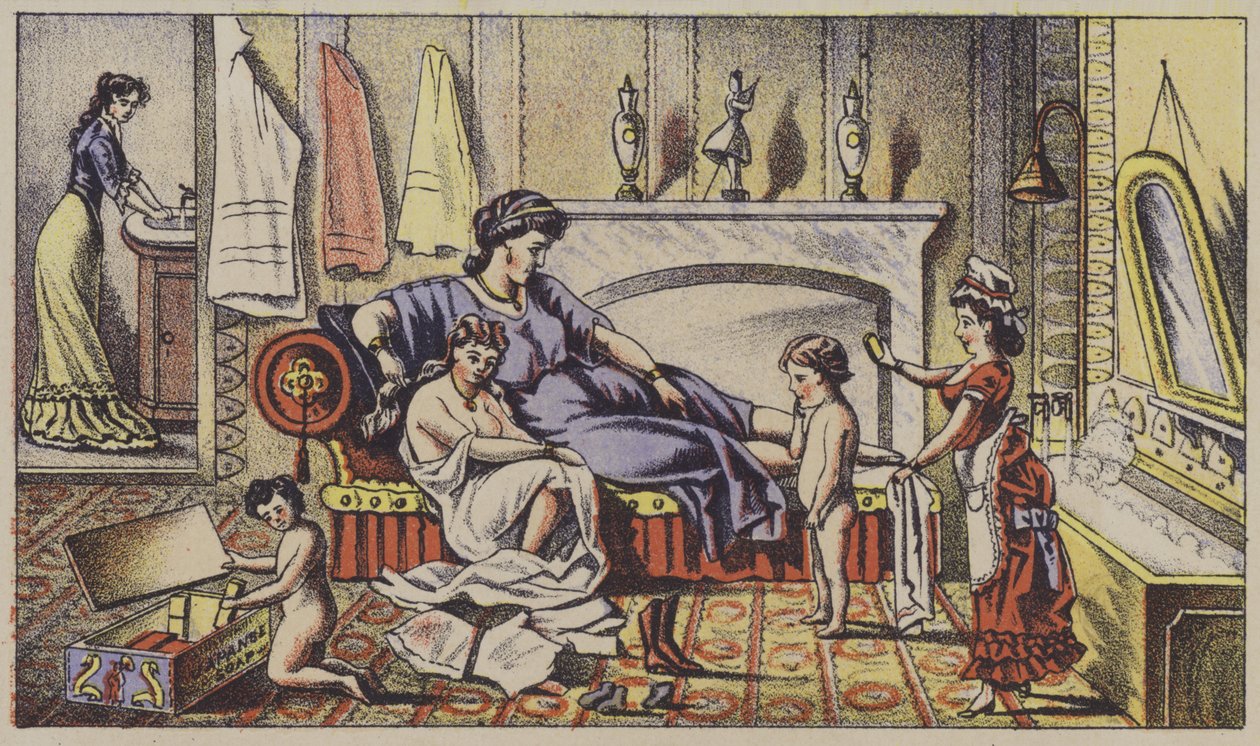 Personajes clásicos en el hogar moderno, jabón publicitario (cromolito) de American School