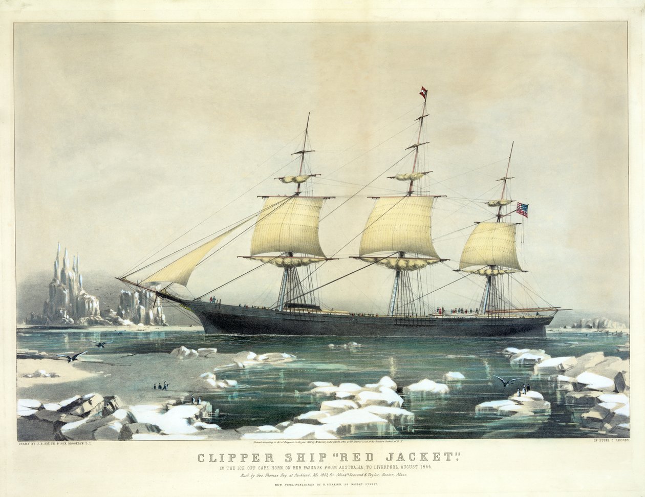 Barco clipper Red Jacket en el hielo frente al Cabo de Hornos, en su viaje de Australia a Liverpool, agosto de 1854, pub. N. Currier, 1855 de American School