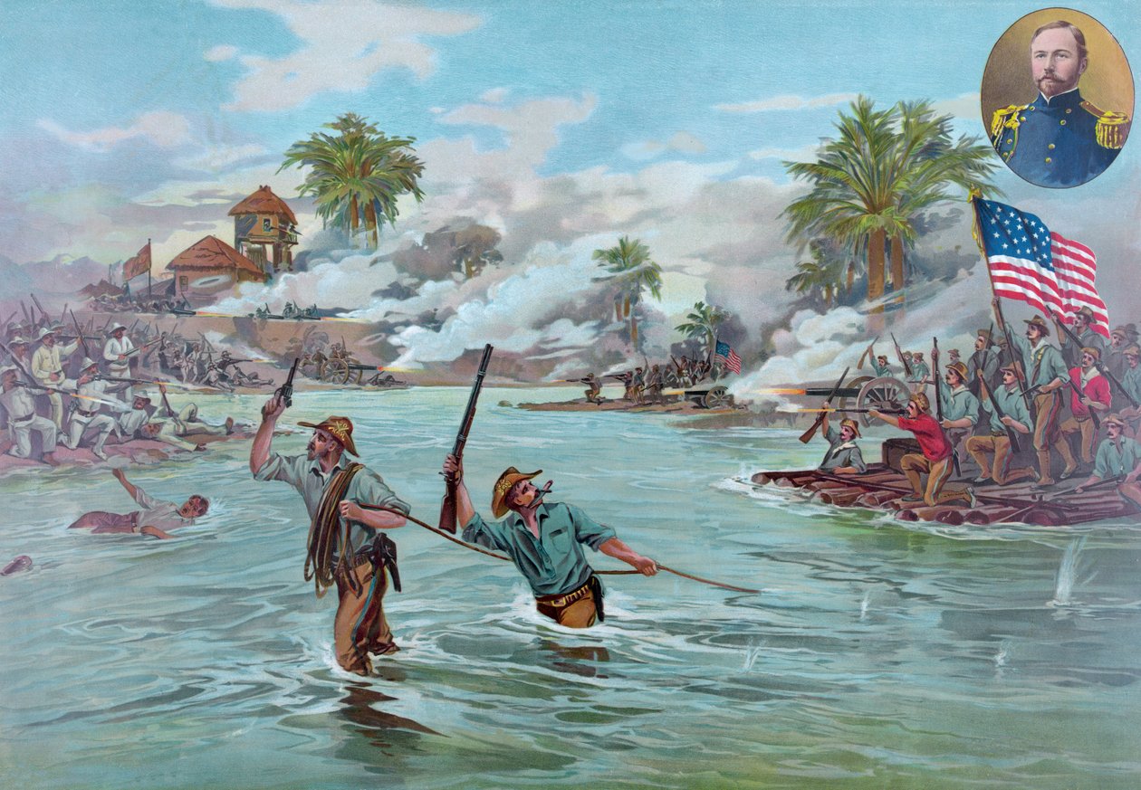 El coronel Funston y el 20º de los voluntarios de Kansas cruzando el río en Calumpit, 26 de abril de 1899, pub. 1899 (litografía en color) de American School