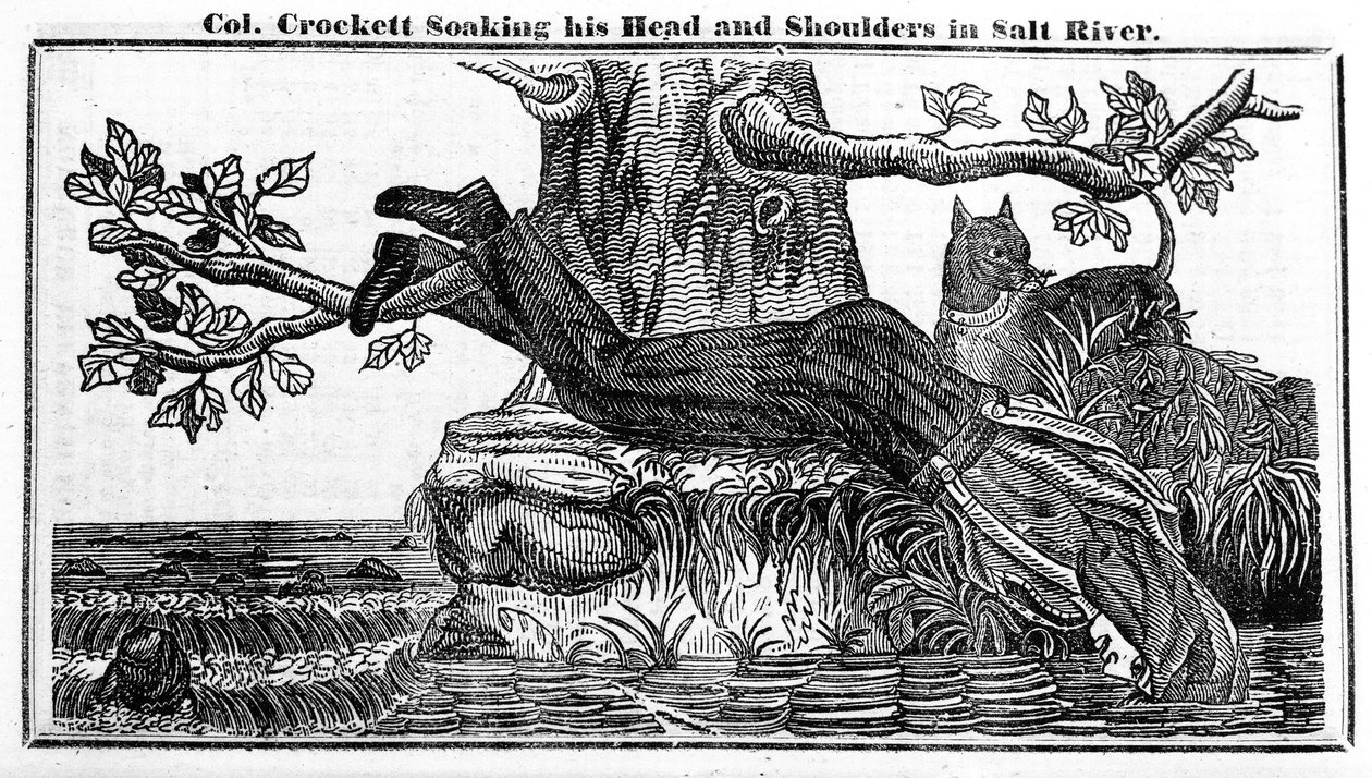 El Coronel Davy Crockett remojando su cabeza y hombros en el Río Salado, de Crocketts Almanac, 1837 de American School