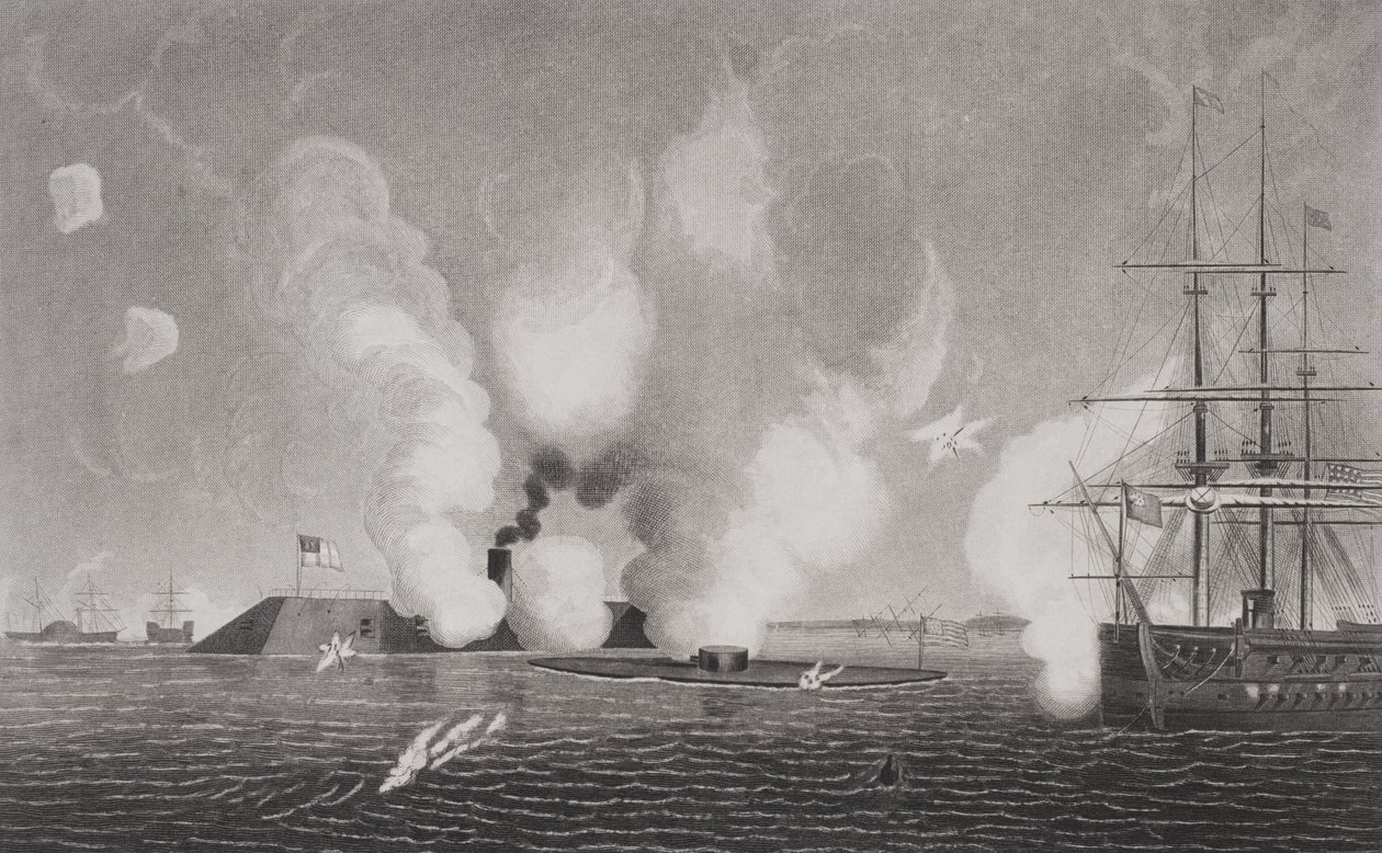 Combate entre el CSS Virginia Confederado (izquierda) y el USS Monitor de la Unión (centro) el 9 de marzo de 1862 en Hampton Roads, Virginia de American School