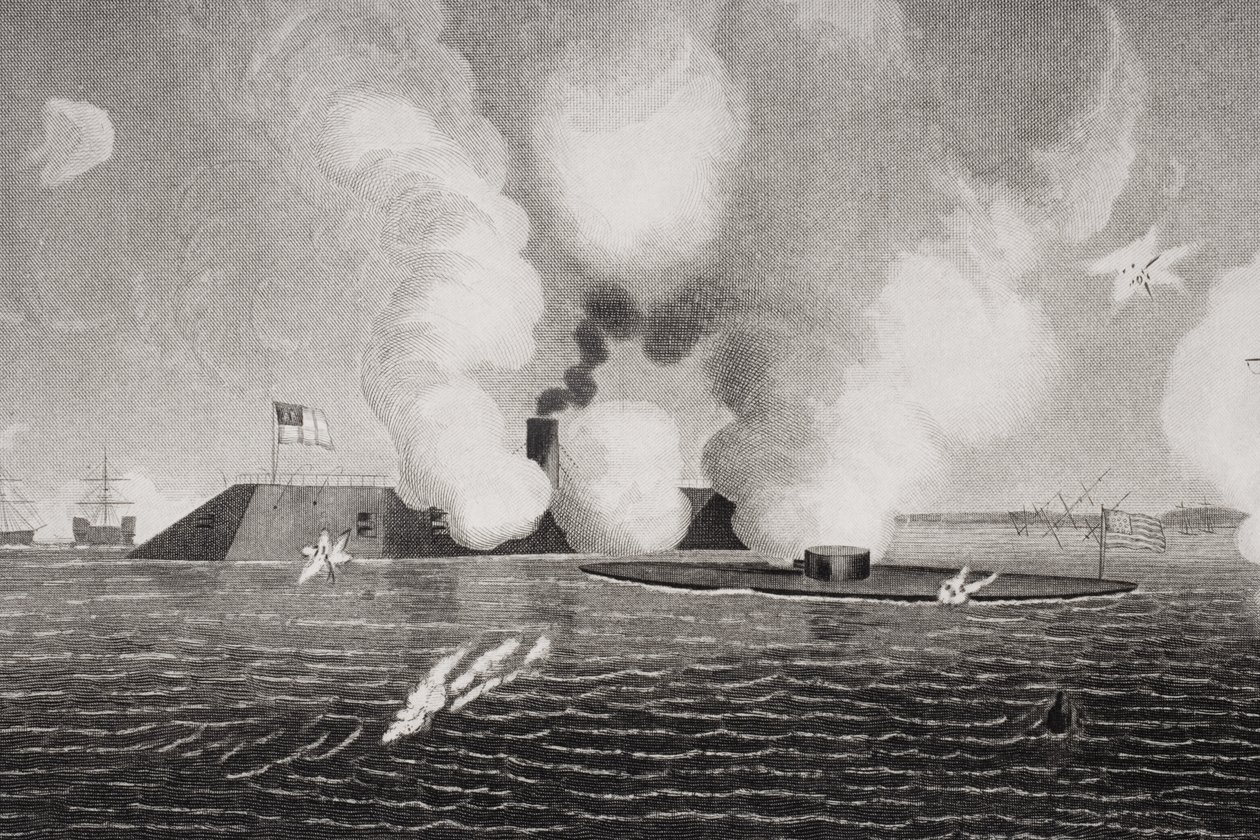 Combate entre el CSS Virginia Confederado (izquierda) y el USS Monitor de la Unión (derecha) el 9 de marzo de 1862 en Hampton Roads, Virginia (detalle) de American School