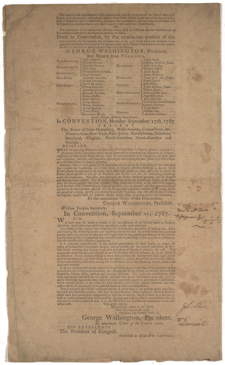 Constitución, primera impresión, impresa por Dunlap & Claypoole, 17-19 de septiembre de 1787 de American School