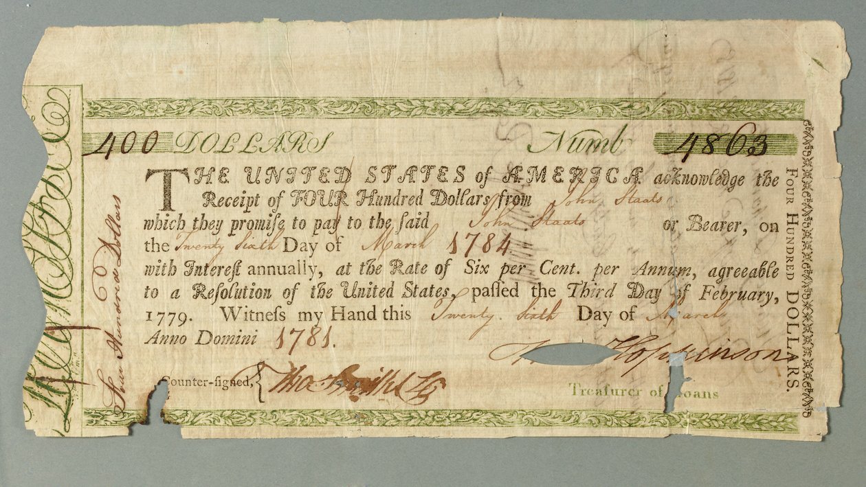 Certificado de la Oficina de Préstamos Continental número 4863 firmado por el Tesorero Francis Hopkinson, 26 de marzo de 1781 de American School