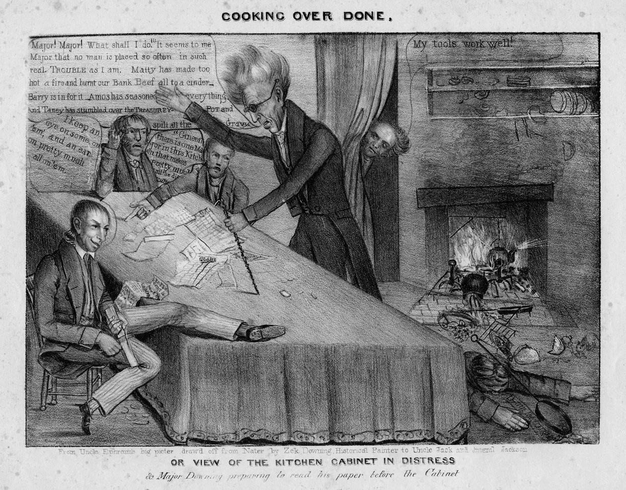 Cocina sobrecocinada, o, Vista del gabinete de cocina en apuros, c.1833 de American School