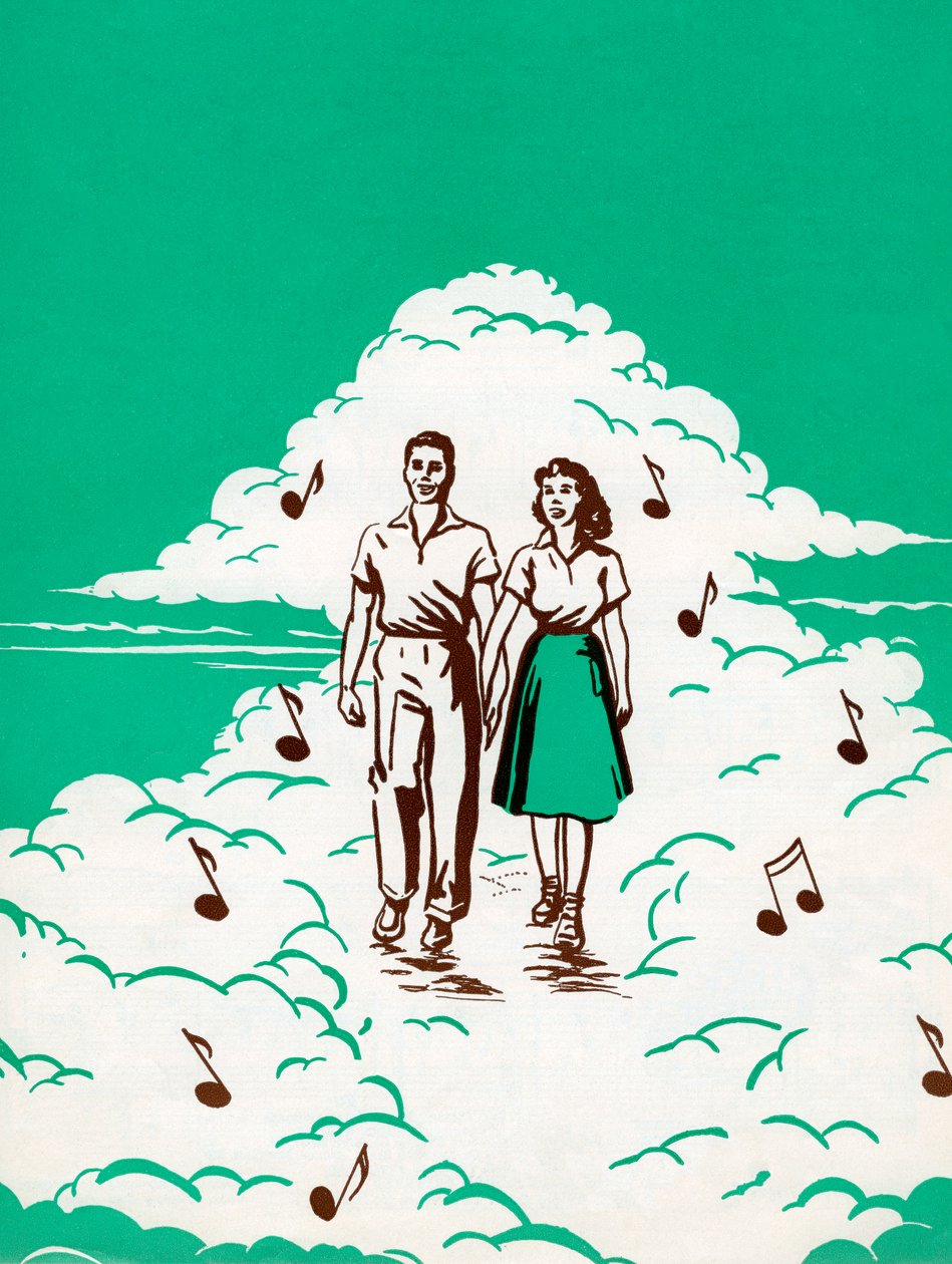 Pareja caminando entre nubes rodeada de notas musicales de American School