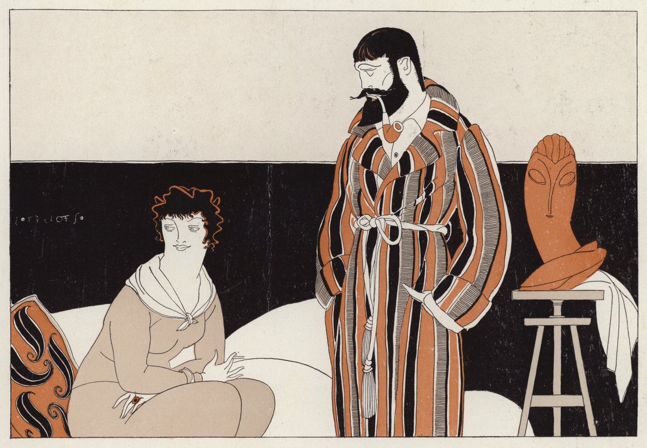 Pareja burlándose de la coexistencia del matrimonio y el arte, escena del cuento A Vassal To Art, de J A Waldron (litografía en color). de American School