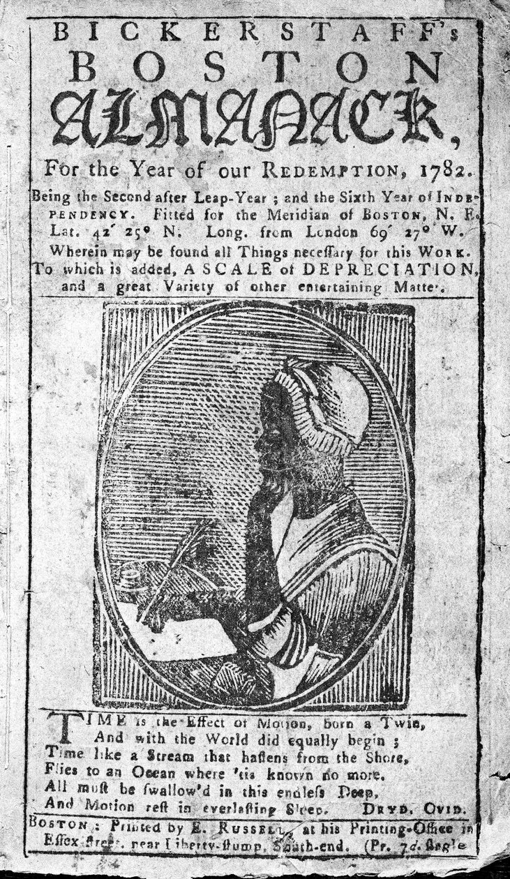Portada del Bickerstaffs Boston Almanack con un retrato de Phillis Wheatley (1753-84) publicado en 1782 de American School