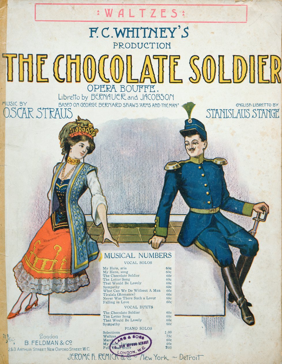 Portada de la partitura de The Chocolate Soldier, opereta de Oscar Straus, publicada en Nueva York, c.1910 de American School