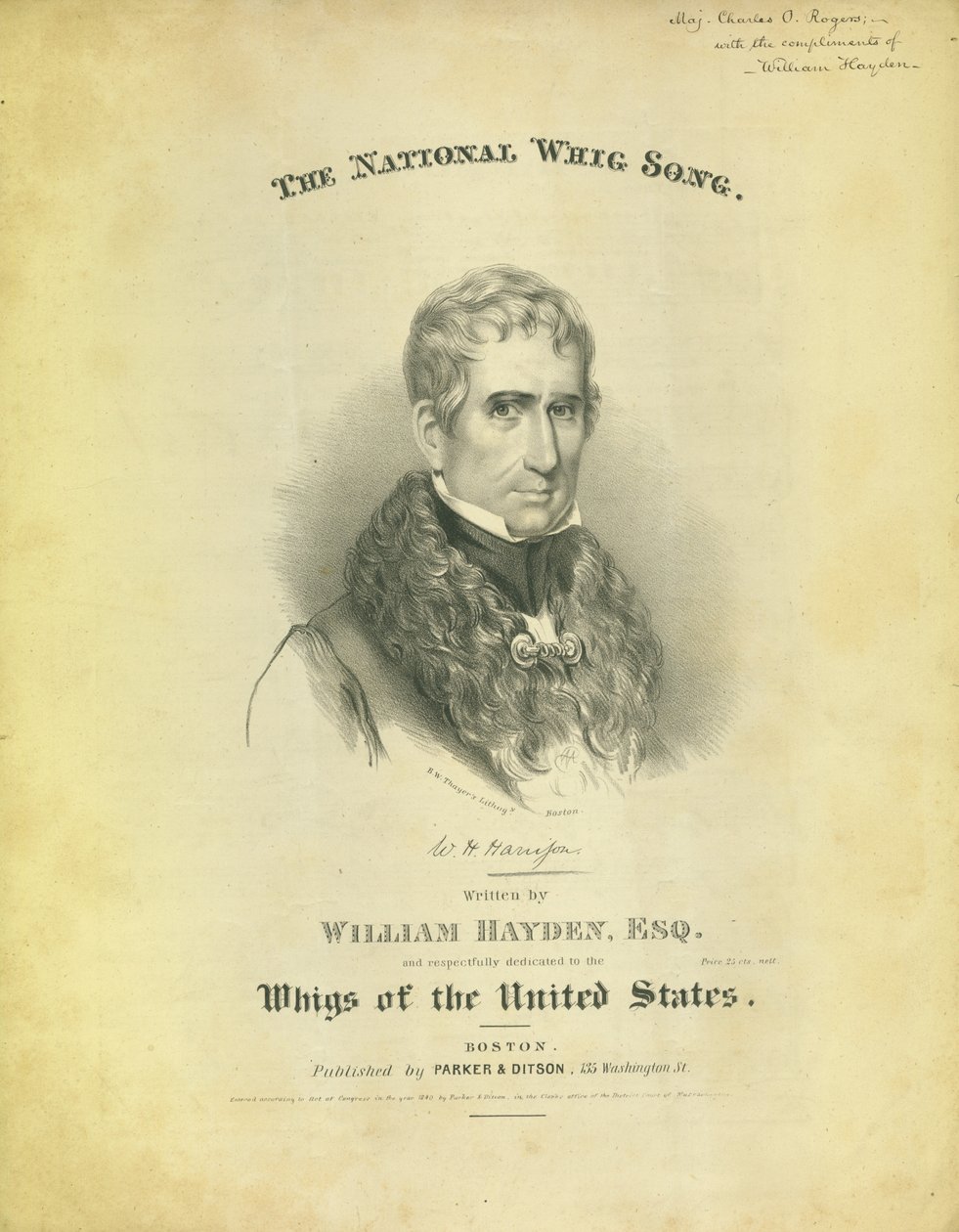 Portada de la hoja The National Whig Song, por William Hayden, publicado por Parker & Diston, Boston, 1840 de American School