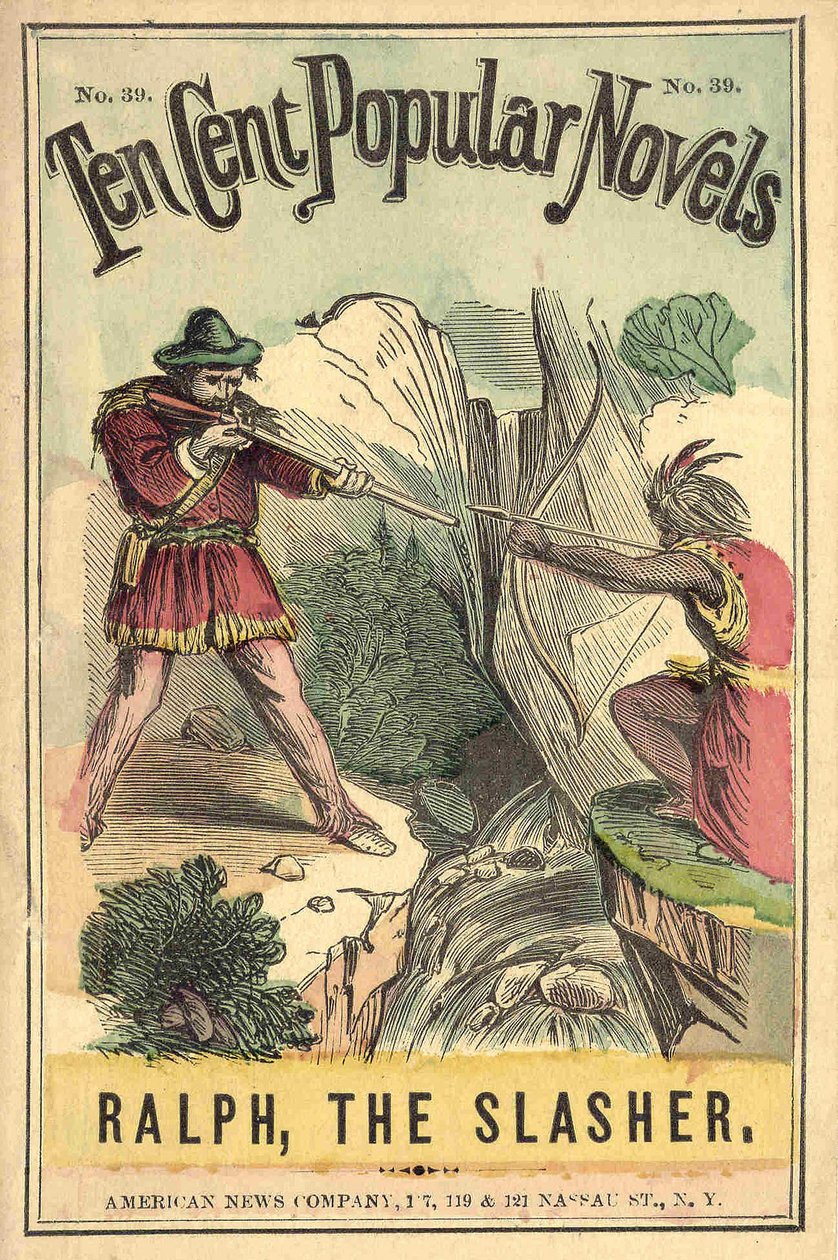 Portada del libro “Novelas populares de diez centavos - Ralph, el Destripador”, No. 39. American News Company. Un indio y un blanco en duelo. s.d. principios del siglo XX de American School
