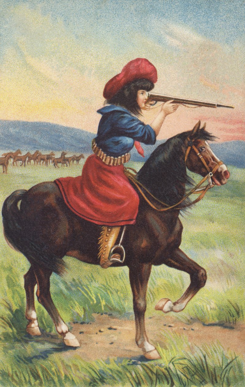 Vaquera a caballo apuntando con un rifle (cromolito) de American School