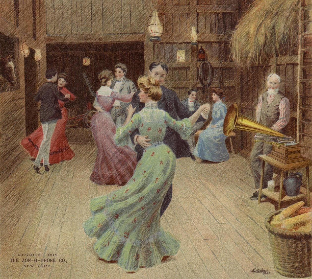 Bailando en un granero al son de un fonógrafo (litografía en color) de American School