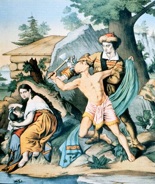 Daniel Boone (1734-1820) defiende a su familia contra un ataque indio de American School