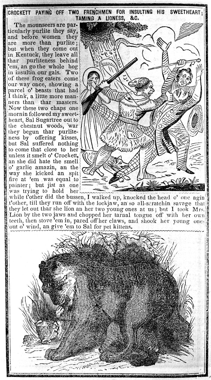 Davy Crockett Pagando a Dos Franceses por Insultar a su Novia, Domando a una Leona, etc., ilustración de Crocketts Almanack de American School