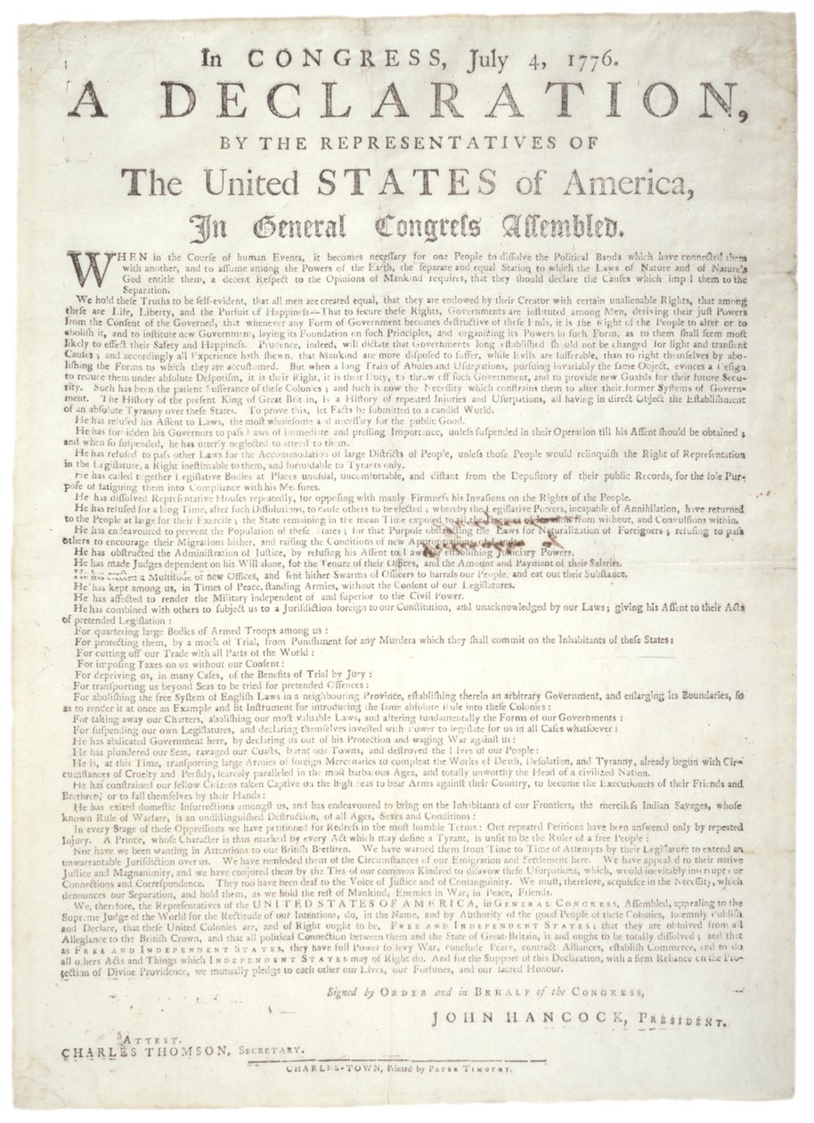 Declaración de Independencia, Charleston, impresa por Peter Timothy (1725-1782), c.2 de agosto de 1776 de American School