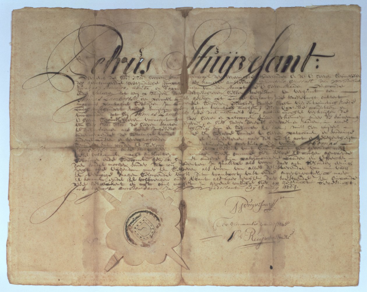 Escritura firmada por Peter Stuyvesant, Director General de Nueva Holanda, 15 de mayo de 1664 de American School