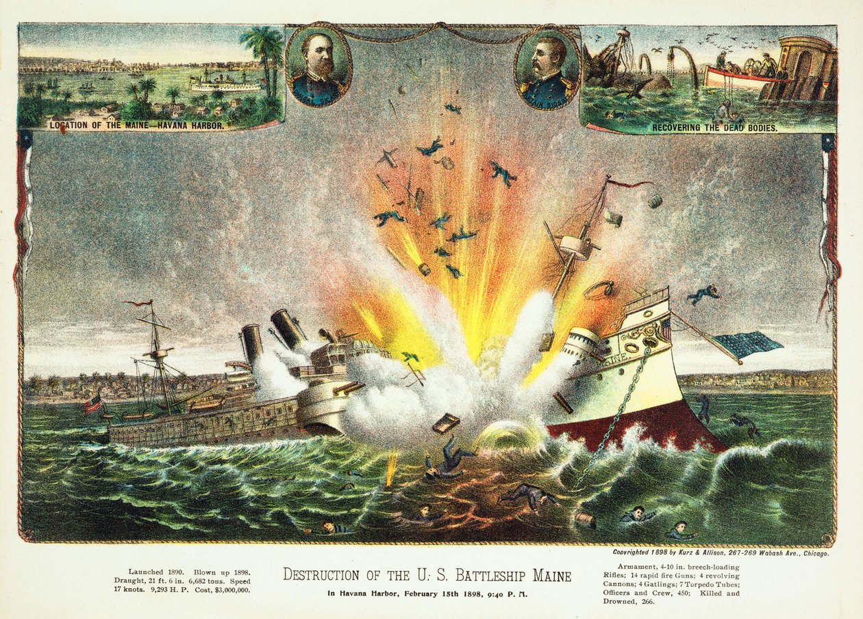 Destrucción del acorazado estadounidense Maine en el puerto de La Habana, 15 de febrero de 1898, pub. 1898 de American School