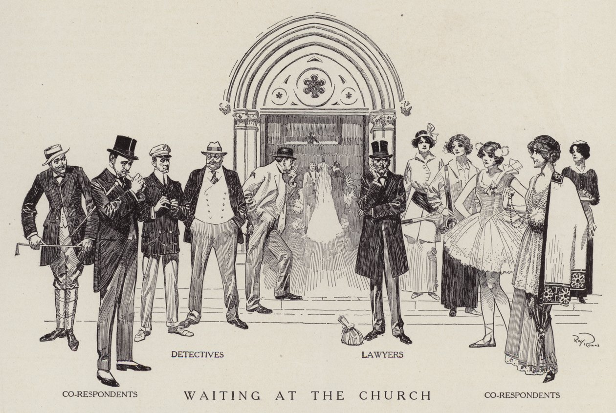 Detectives, abogados y corresponsales esperando a que termine una boda por la iglesia (litografía) de American School