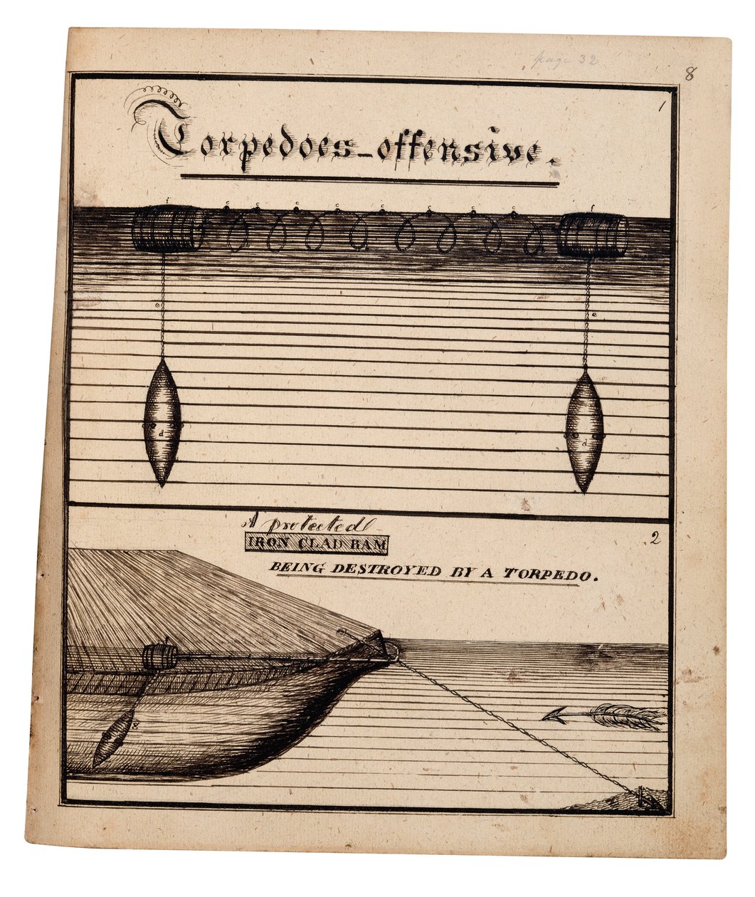 Diagrama de un torpedo ofensivo (pluma y tinta sobre papel) de American School