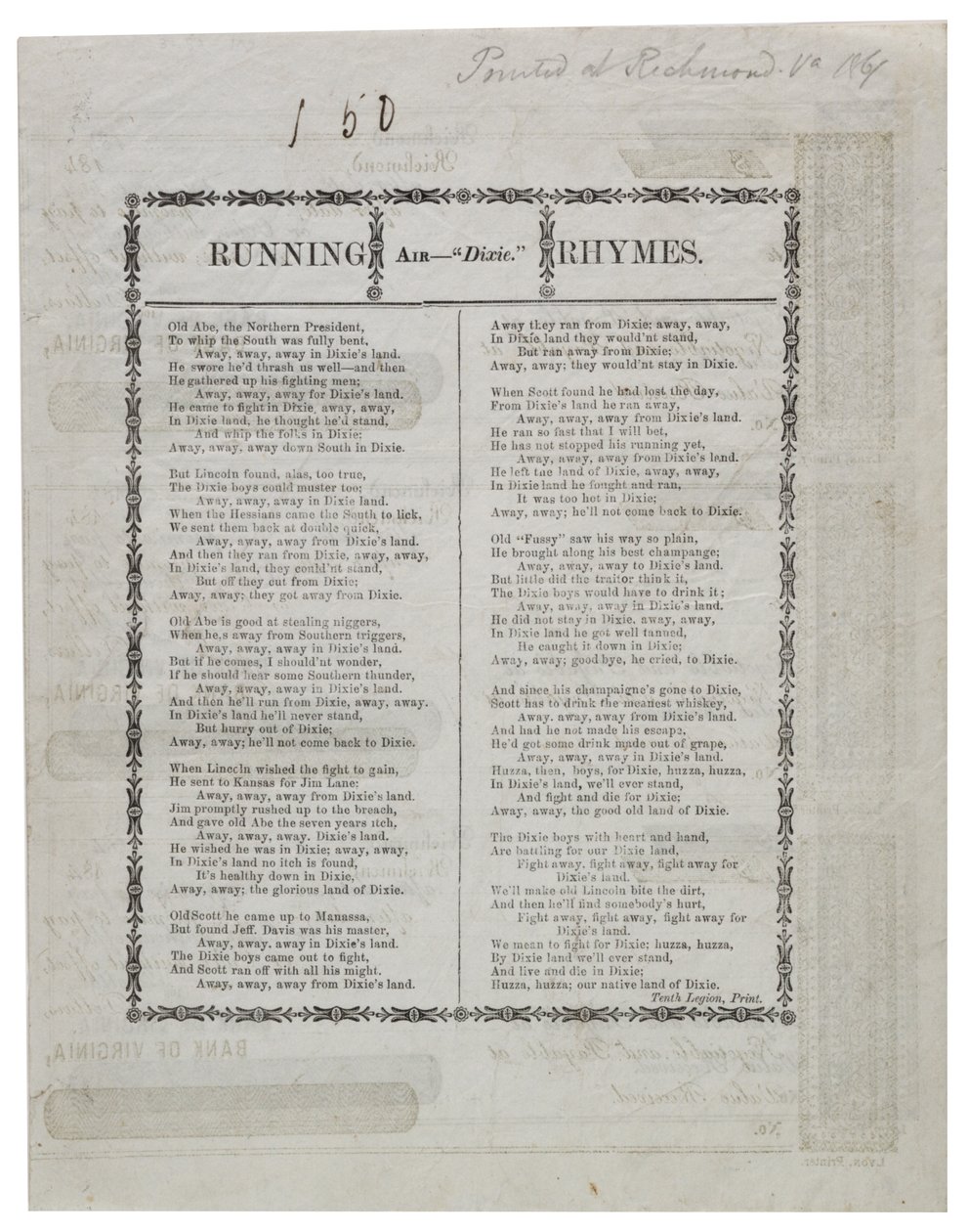 Dixie impreso en el reverso de una hoja de cheques, 1861 de American School