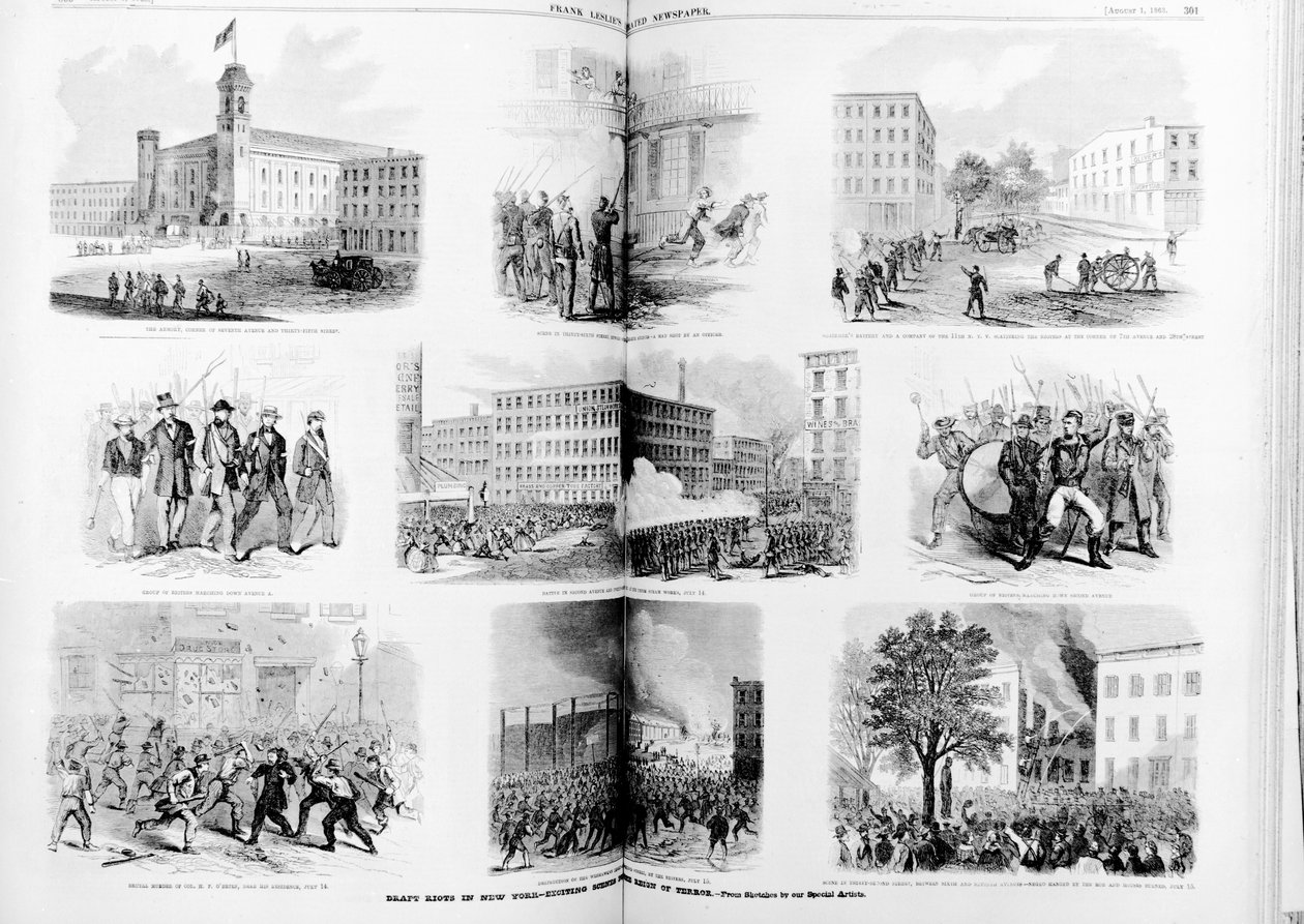 Disturbios por el reclutamiento en Nueva York, escenas emocionantes durante el reinado del terror, 1863 de American School