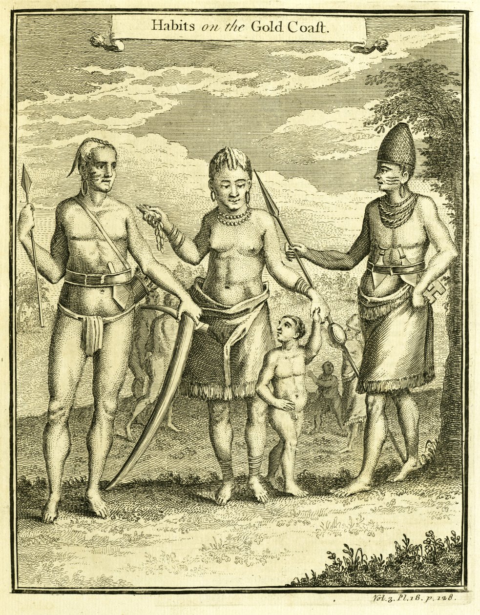 Vestimenta de la gente de Cabo Lope Gonsalvo y Río Gabón, ilustración de "Hábitos en la Costa de Oro", por Thomas Astley, 1745-47 de American School