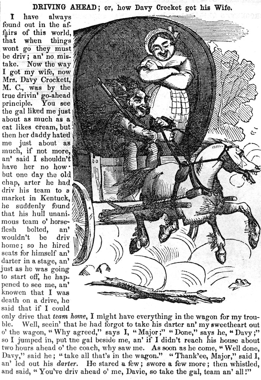 Avanzando, o Cómo Davy Crockett Consiguió a su Esposa, de Crocketts almanac para 1856, publicado en Nueva York, 1855 de American School