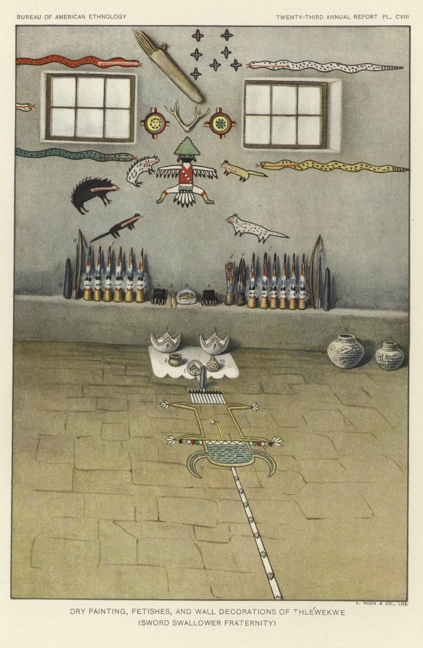 Pintura seca, fetiches y decoraciones murales de Thlewekwe (fraternidad de tragaespadas) (litografía en color) de American School