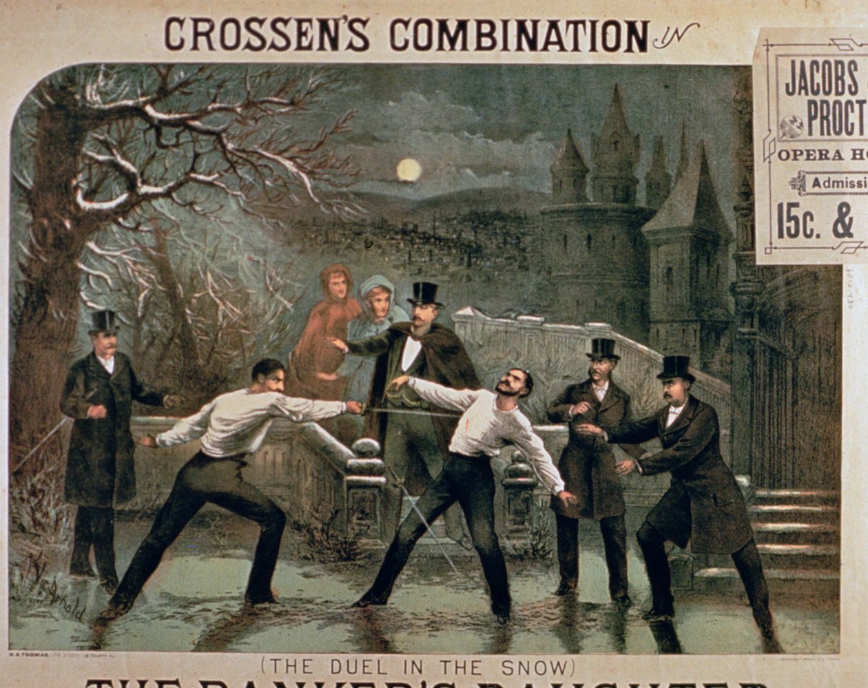 Duelo en la nieve, póster para La hija del banquero, protagonizada por la combinación de Crossens en la Ópera de Jacobs & Procter de American School