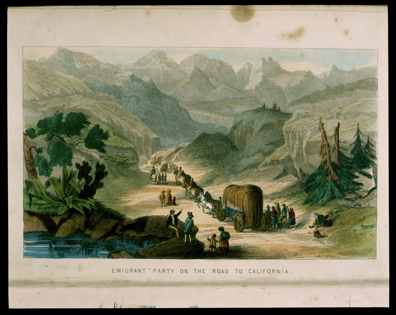 Partido de emigrantes en el camino a California en 1596, ilustración de California, su historia pasada, su posición actual, sus perspectivas futuras por G.A. Fleming, 1850 de American School