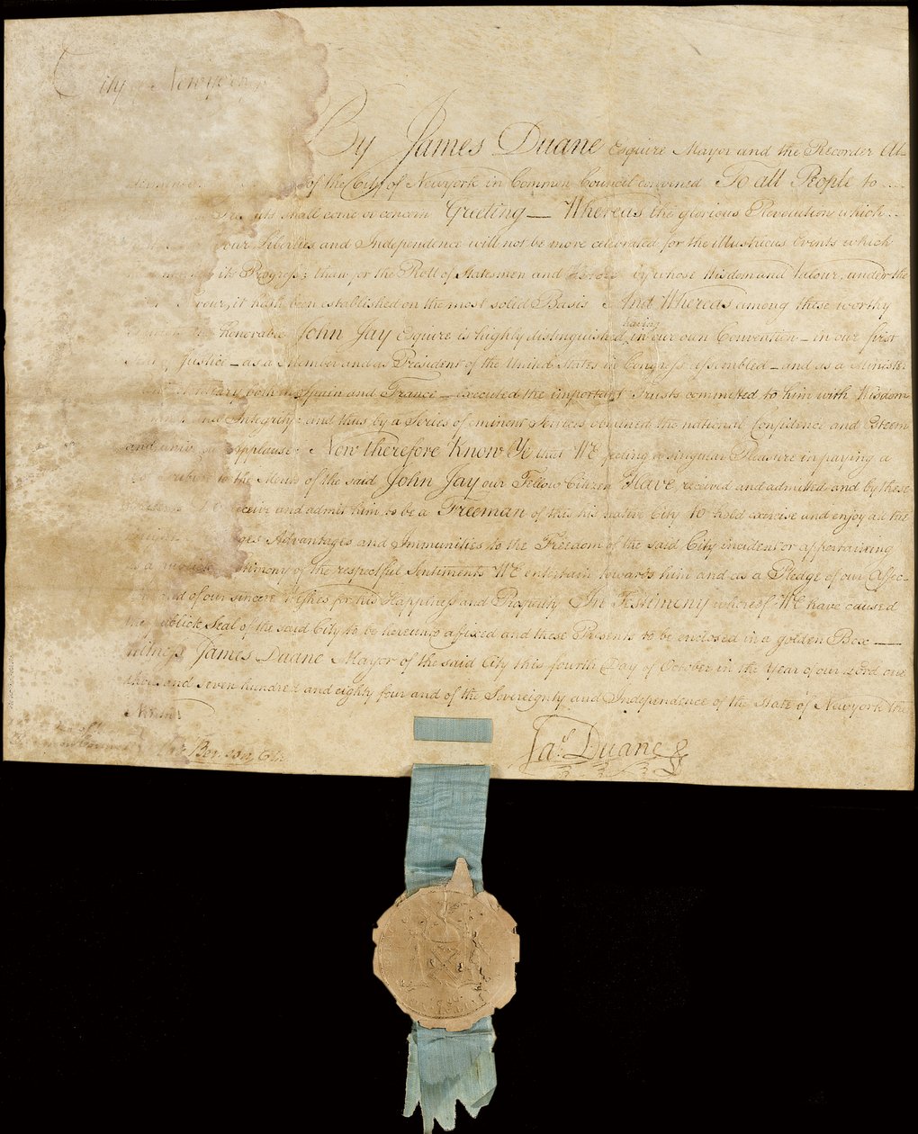 Proclamación engrossada otorgando la Libertad de la Ciudad a John Jay de American School
